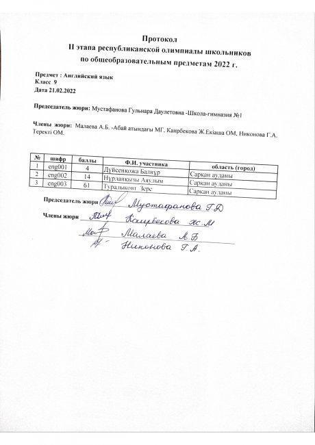 Протокол 9 класс Ағылшын тілі
