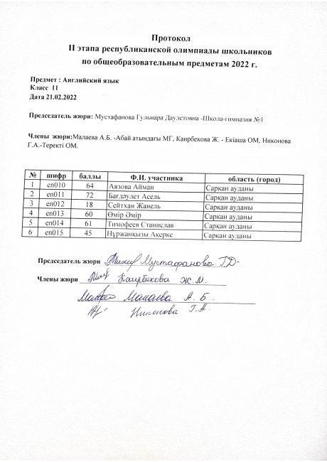 протокол  11 сынып ағылшын тілі